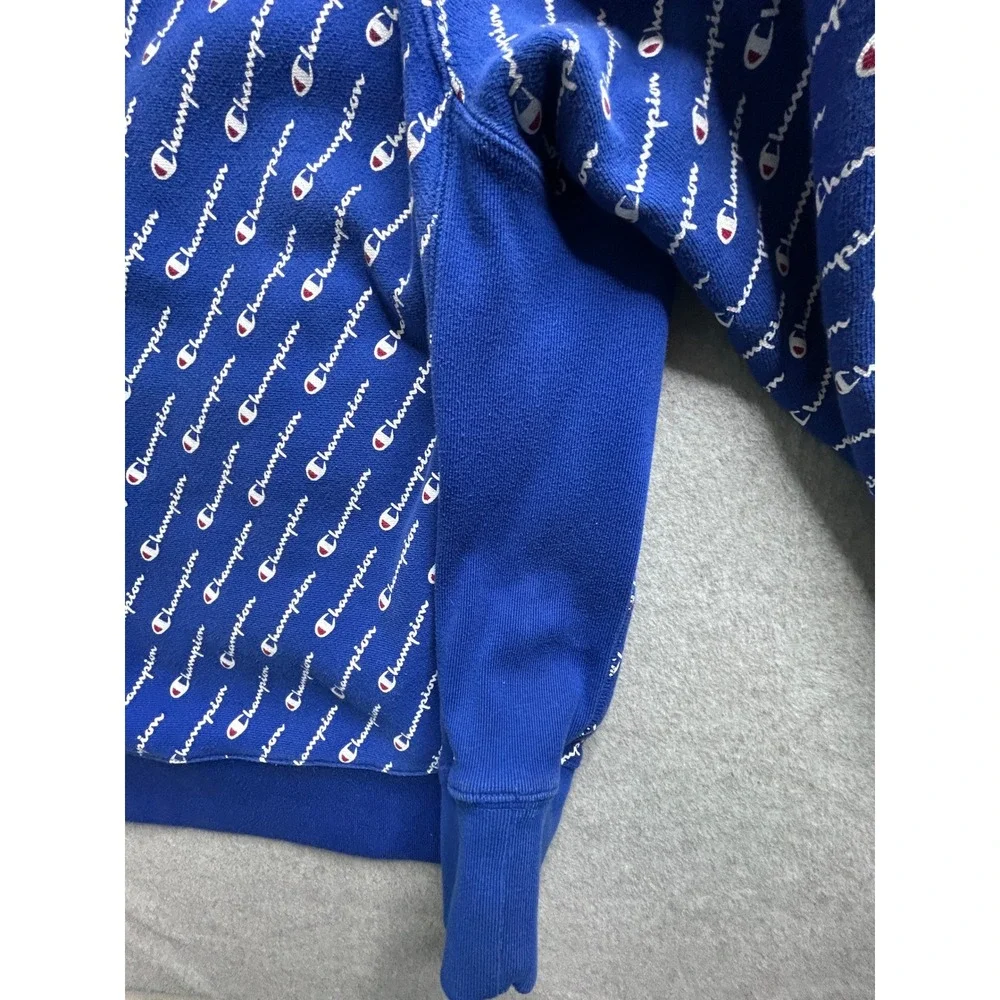 Champion Reverse Weave Hoodie Royal Blue All Over Script Logo Print Mens Large